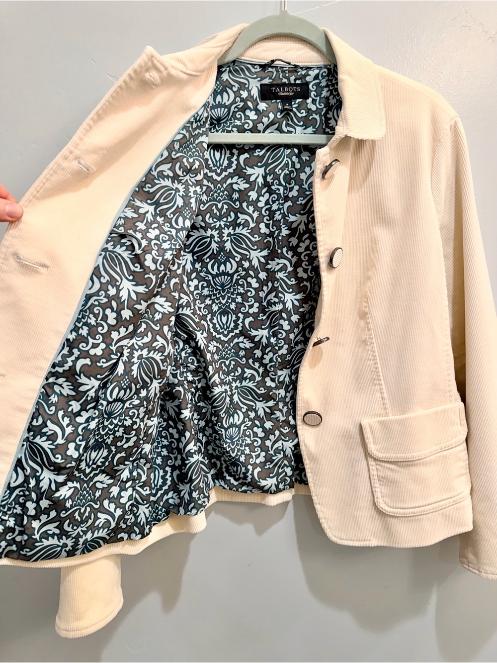 Talbots Vintage Style Ivory Corduroy Button Front Jacket Blue Damask Lining Sz 8 - Picture 5 of 11